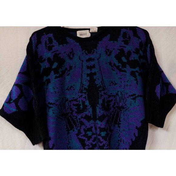 Leslie Fay Medium Black Purple Floral Aztec Tapered Body 3/4 Sleeves Sweater - Picture 2 of 14